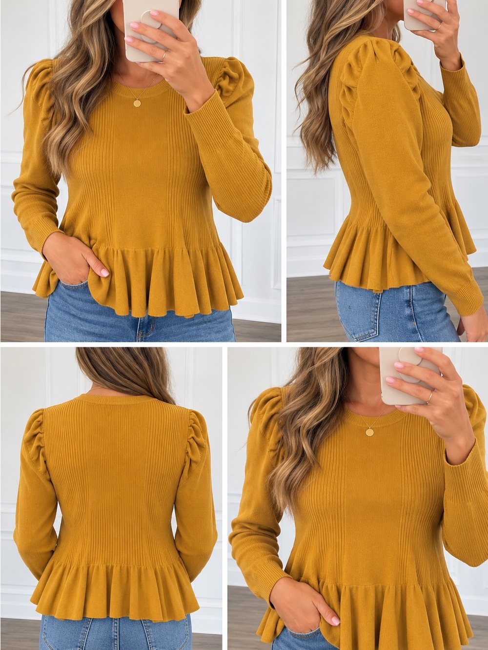 Cato Mustard Peplum Puff-Sleeve Knit Top